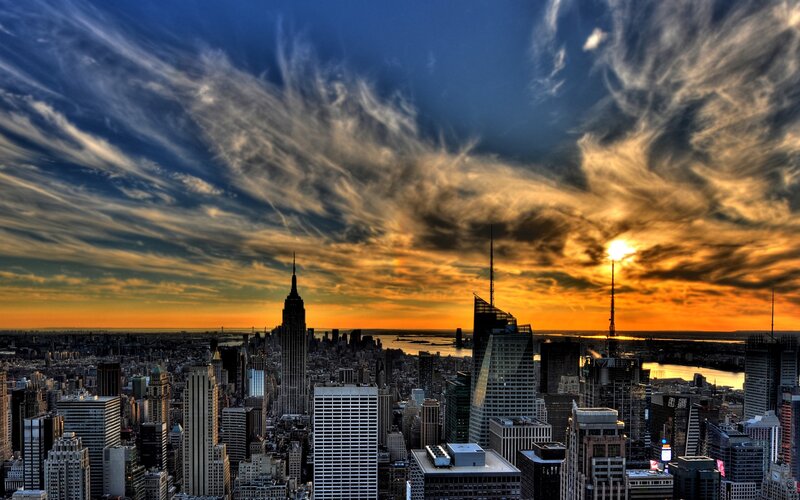 New York City skyline at sunset