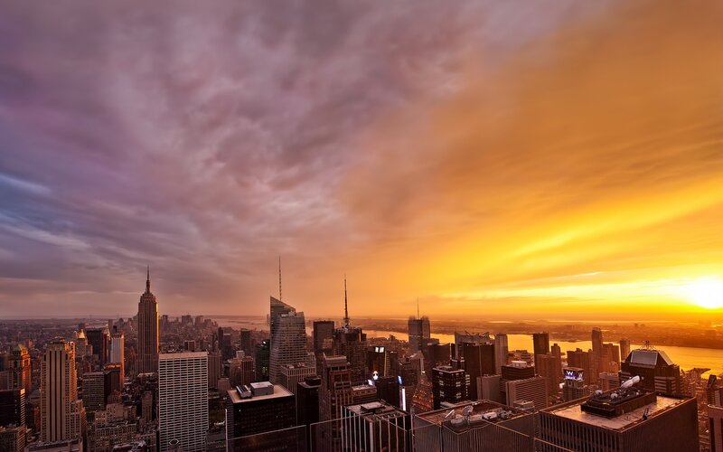 New York City skyline at sunset