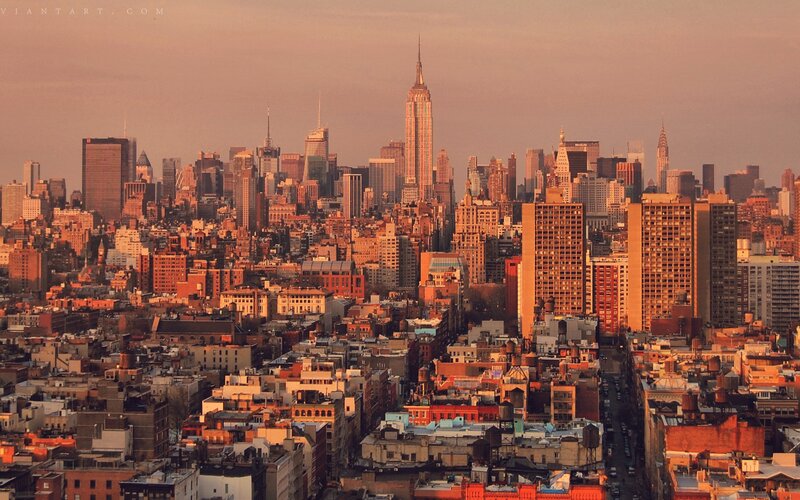 New York City skyline at sunset