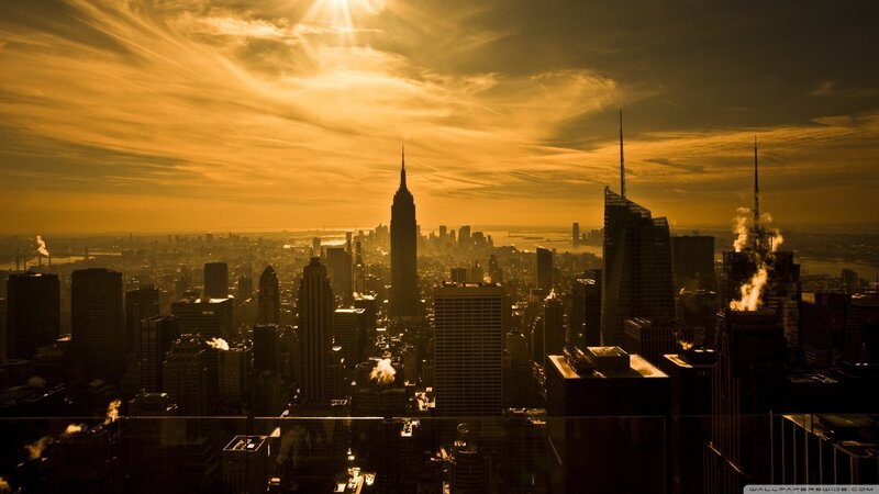 New York City skyline at sunset
