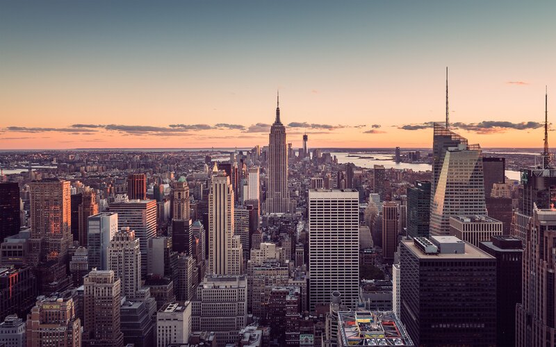 New York City skyline at sunset