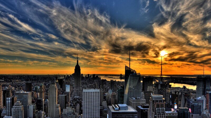 New York City skyline at sunset