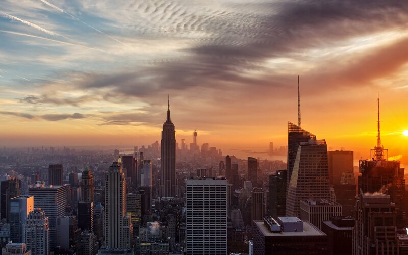 New York City skyline at sunset