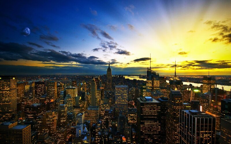 New York City skyline at sunset