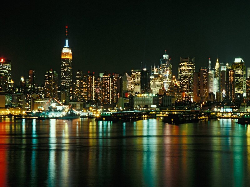 New York City Skyline — Black, Dramatic, Night, Photograph, Empire State Building, River