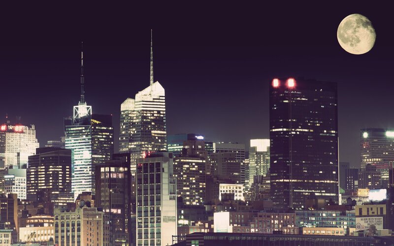 New York City Skyline — Black, Dramatic, Night, Photograph, Moon, Skyscrapers, Billboard