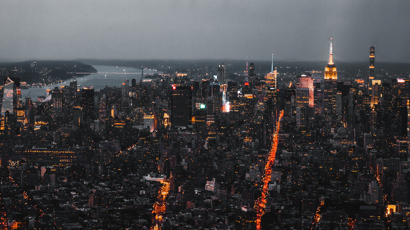 New York City Skyline — Black, Dramatic, Night, Photograph, Skyscrapers, Bridge