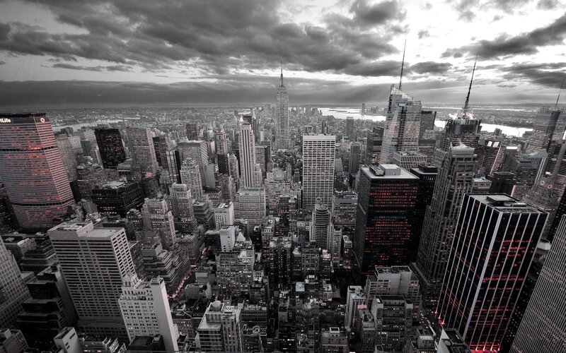 New York City Skyline — Black, Dramatic, Night, Photograph, Skyscrapers, Clouds, River
