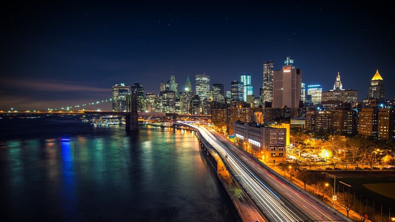 New York City Skyline — Blue, Dramatic, Night, Photograph, Bridge