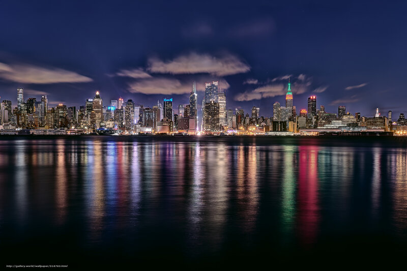 New York City Skyline — Blue, Dramatic, Night, Photograph, Buildings, River, Clouds
