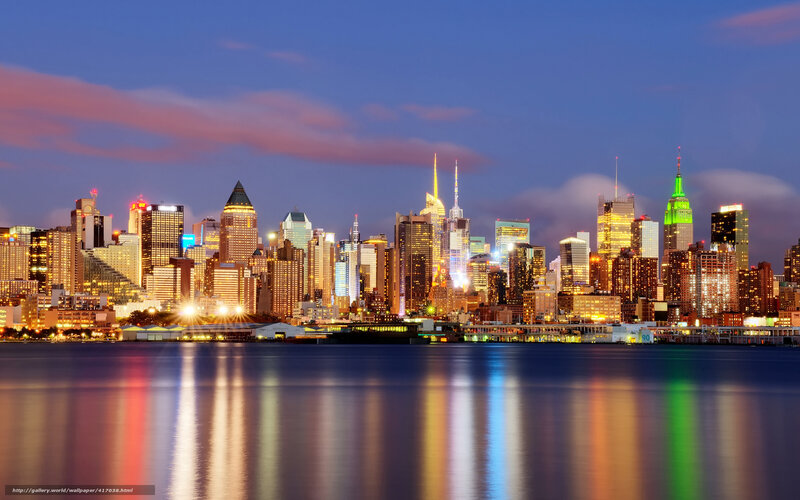 New York City Skyline — Blue, Dramatic, Night, Photograph, Buildings, River, Sky
