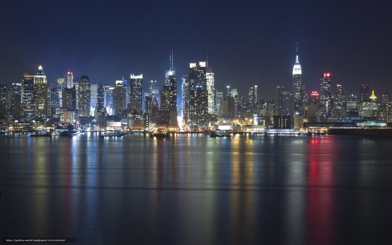 New York City Skyline — Blue, Dramatic, Night, Photograph, Buildings, River