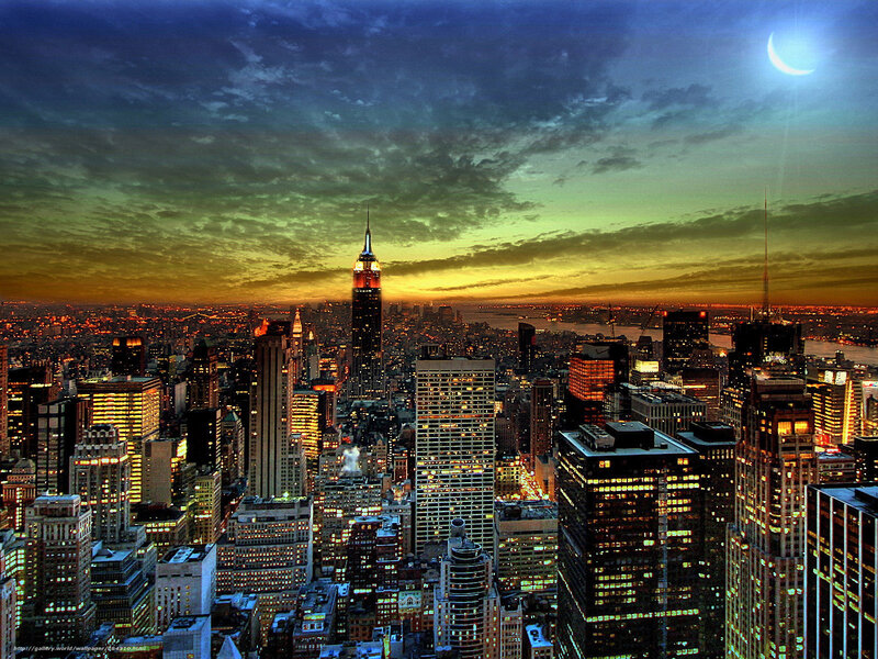 New York City Skyline — Blue, Dramatic, Night, Photograph, Empire State Building, Moon