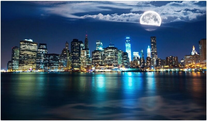 New York City Skyline — Blue, Dramatic, Night, Photograph, Moon
