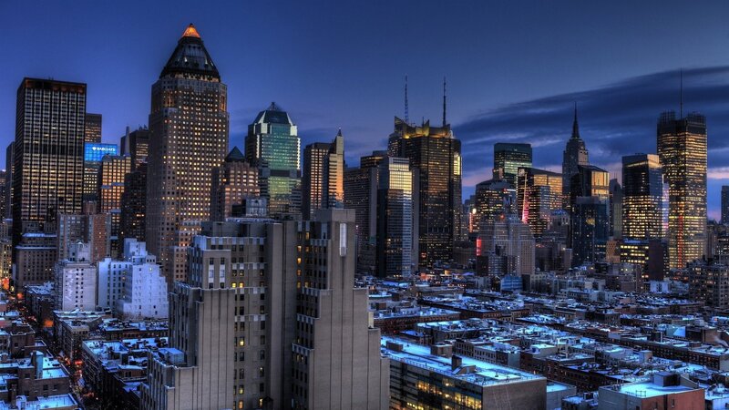 New York City Skyline — Blue, Dramatic, Night, Photograph, Skyscrapers, Buildings