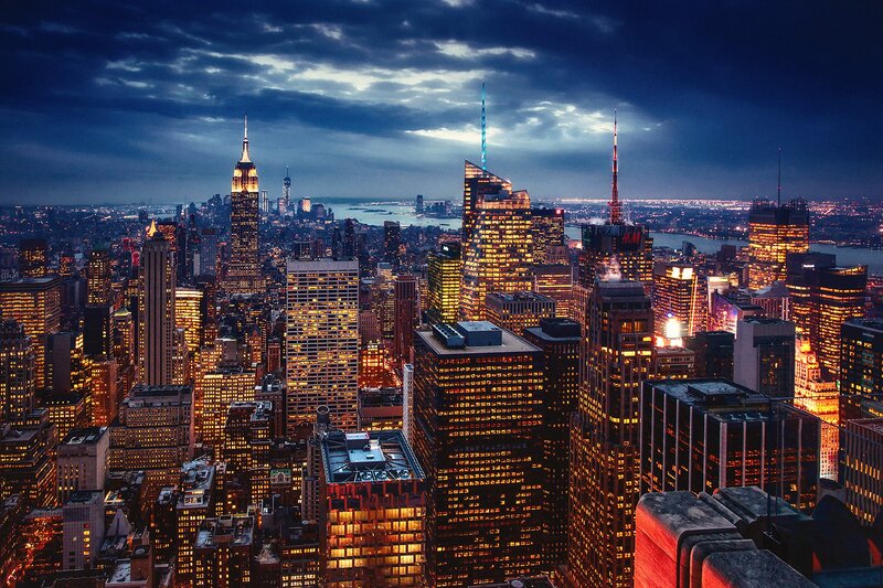 New York City Skyline — Blue, Dramatic, Night, Photograph, Skyscrapers, Clouds, River, Lights