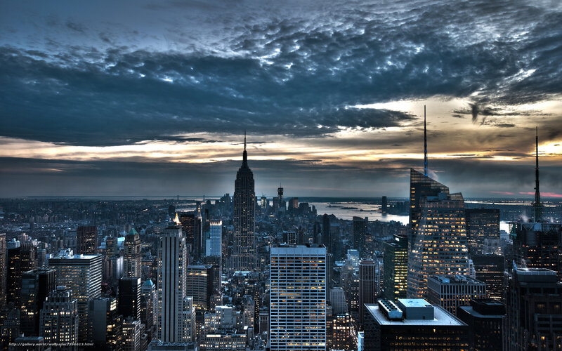 New York City Skyline — Blue, Dramatic, Night, Photograph, Skyscrapers, Clouds, River