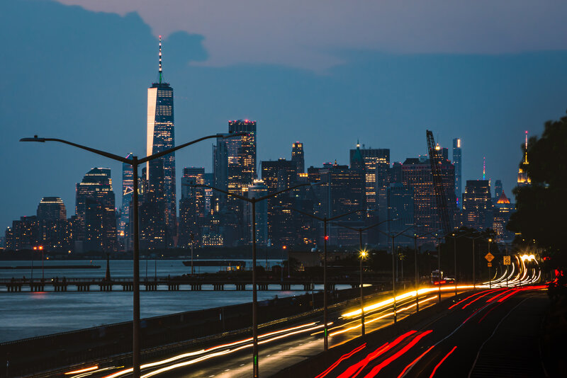 New York City Skyline — Blue, Dramatic, Night, Photograph, Skyscrapers, Highway