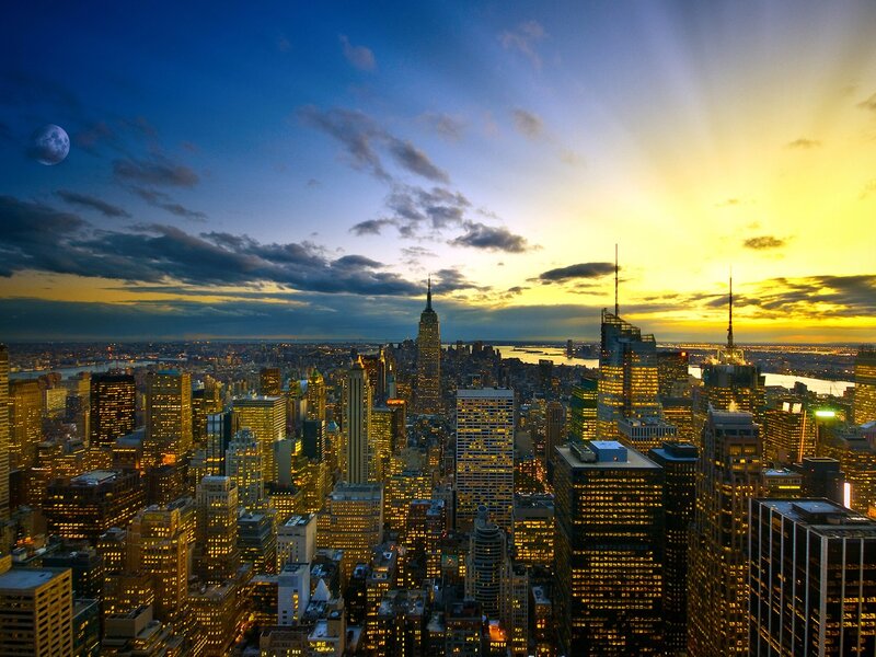 New York City Skyline — Blue, Dramatic, Sunset, Photograph, Empire State Building, Moon