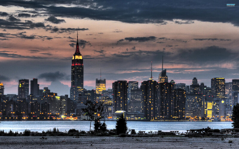 New York City Skyline — Blue, Dramatic, Sunset, Photograph, Empire State Building, River, Trees