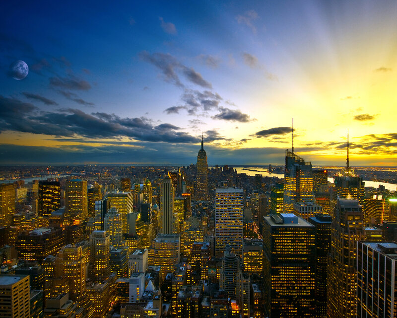 New York City Skyline — Blue, Dramatic, Sunset, Photograph, Empire State Building