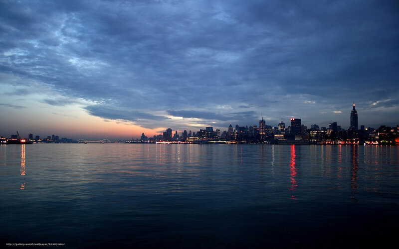 New York City Skyline — Blue, Dramatic, Sunset, Photograph, River, Clouds
