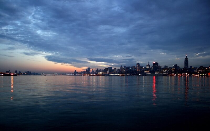 New York City Skyline — Blue, Dramatic, Sunset, Photograph, River