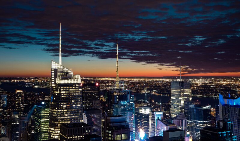 New York City Skyline — Blue, Dramatic, Sunset, Photograph, Skyscrapers, City Lights
