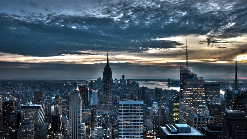 New York City Skyline — Blue, Dramatic, Sunset, Photograph, Skyscrapers, Clouds, River