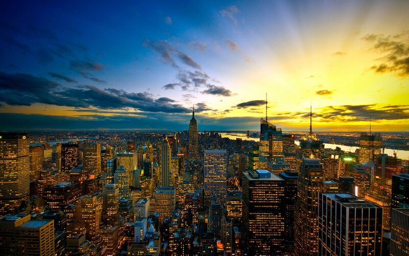 New York City Skyline — Blue, Dramatic, Sunset, Photograph, Skyscrapers, Empire State Building, River, Clouds, Yellow, Black