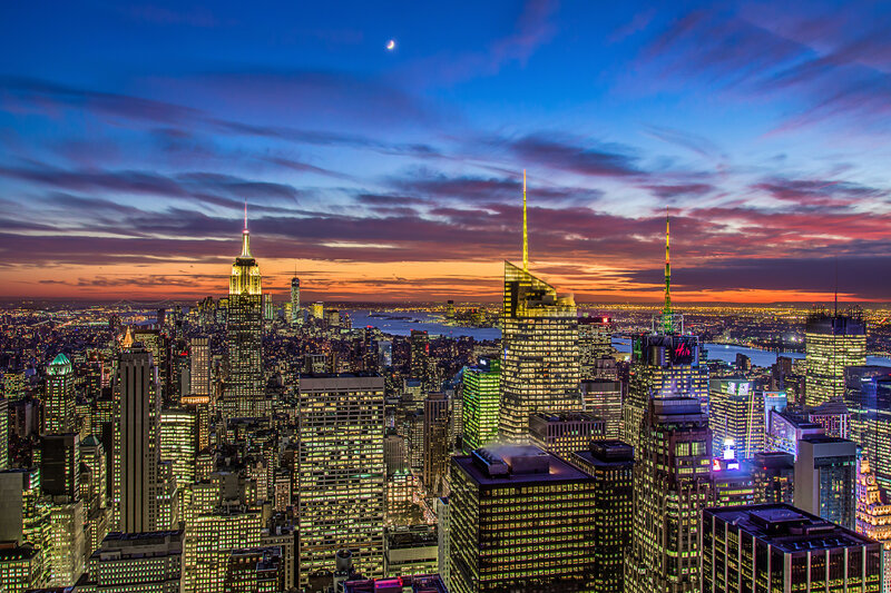 New York City Skyline — Blue, Dramatic, Sunset, Photograph, Skyscrapers, Moon