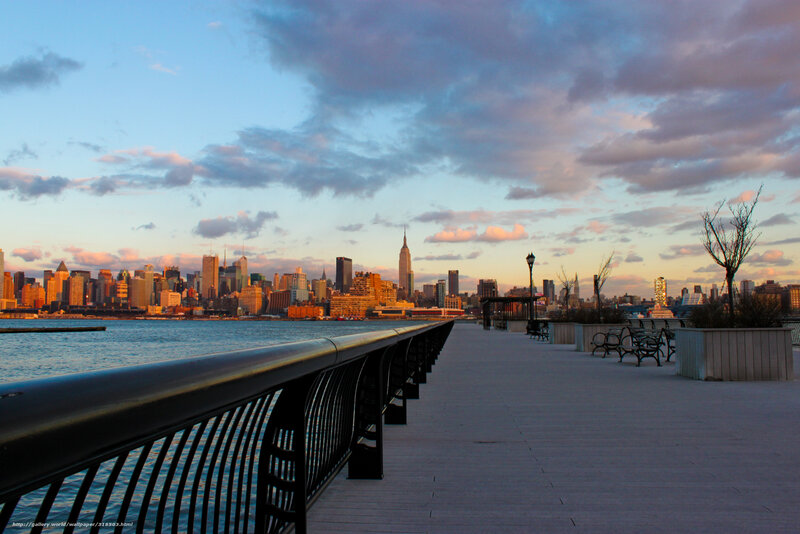 New York City Skyline — Blue, Serene, Sunset, Photograph, Pier