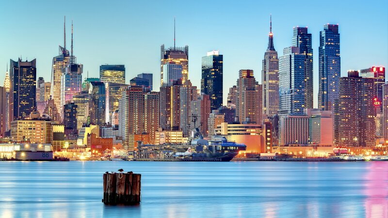 New York City Skyline — Blue, Serene, Sunset, Photograph, Skyscrapers, River