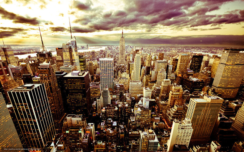 New York City Skyline — Gold, Dramatic, Sunset, Photograph, Skyscrapers, Clouds, River