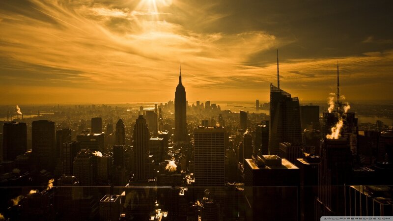 New York City Skyline — Gold, Dramatic, Sunset, Photograph, Skyscrapers, Sunlight, Clouds