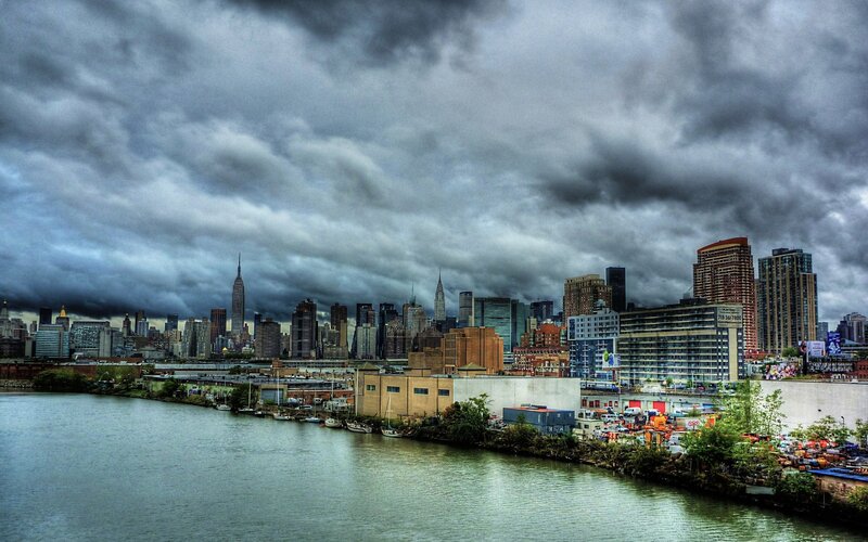 New York City Skyline — Gray, Dramatic, Afternoon, Photograph, River
