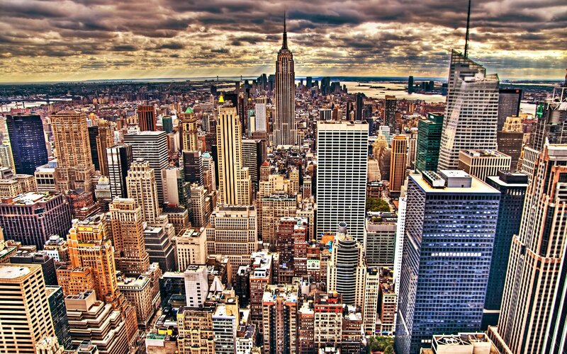 New York City Skyline — Gray, Dramatic, Afternoon, Photograph, Skyscrapers, Clouds