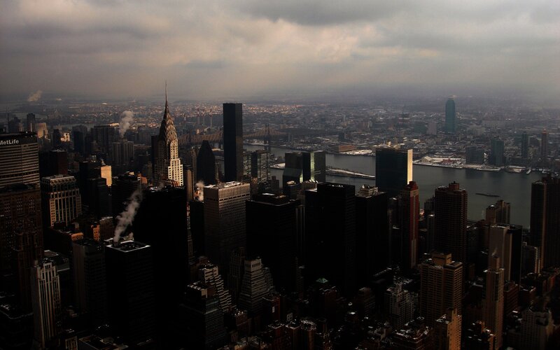 New York City Skyline — Gray, Dramatic, Afternoon, Photograph, Skyscrapers, River, Bridge