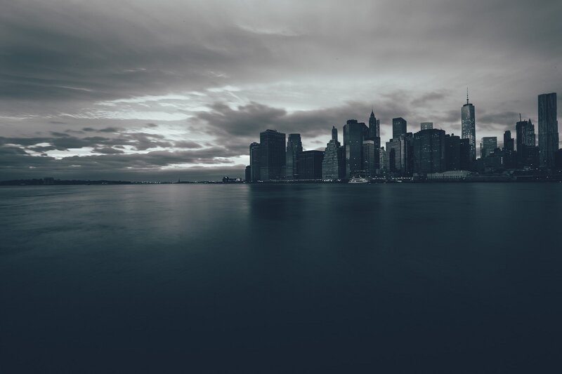 New York City Skyline — Gray, Dramatic, Night, Photograph