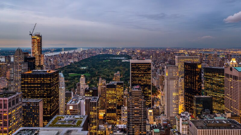 New York City Skyline — Gray, Dramatic, Sunset, Photograph, Skyscrapers, Central Park, River