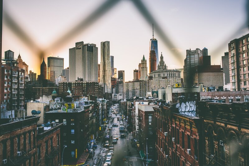 New York City Skyline — Gray, Dramatic, Sunset, Photograph, Skyscrapers, Graffiti