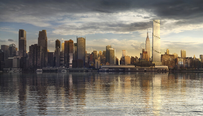 New York City Skyline — Gray, Dramatic, Sunset, Photograph, Skyscrapers, River, Clouds