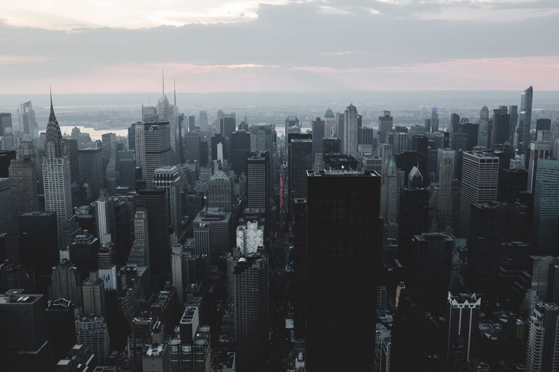 New York City Skyline — Gray, Dramatic, Sunset, Photograph, Skyscrapers, River