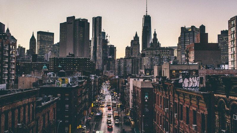 New York City Skyline — Gray, Dramatic, Sunset, Photograph, Skyscrapers, Street