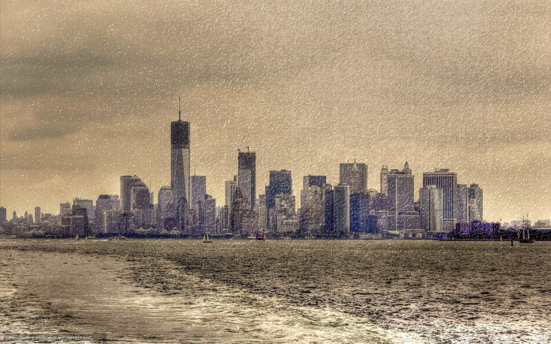 New York City skyline in rain