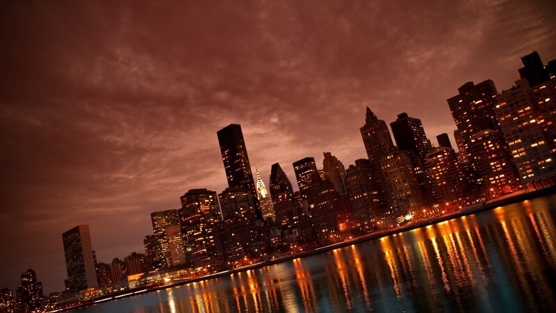 New York City Skyline — Orange, Dramatic, Night, Photograph, Skyscrapers, River