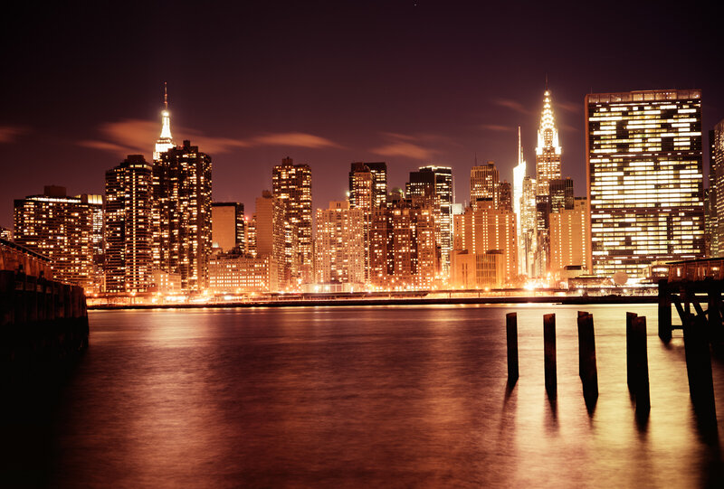 New York City Skyline — Orange, Dramatic, Night, Photograph, Skyscrapers