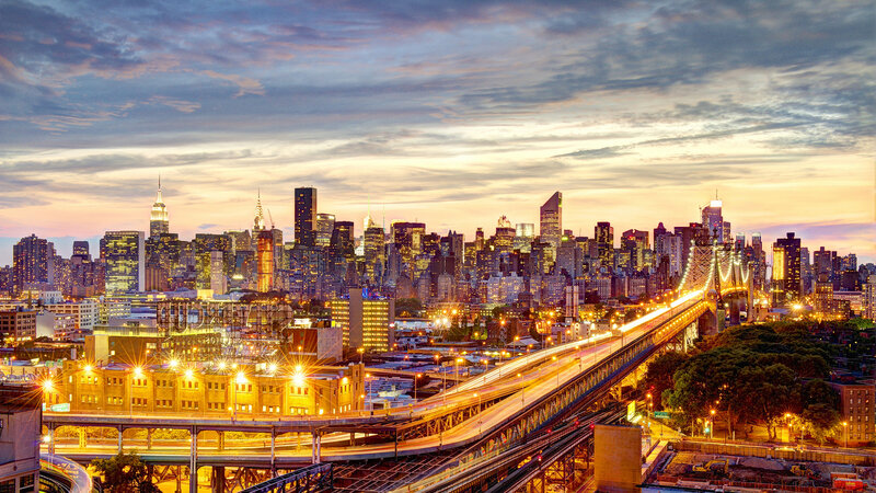 New York City Skyline — Orange, Dramatic, Sunset, Photograph, Bridge