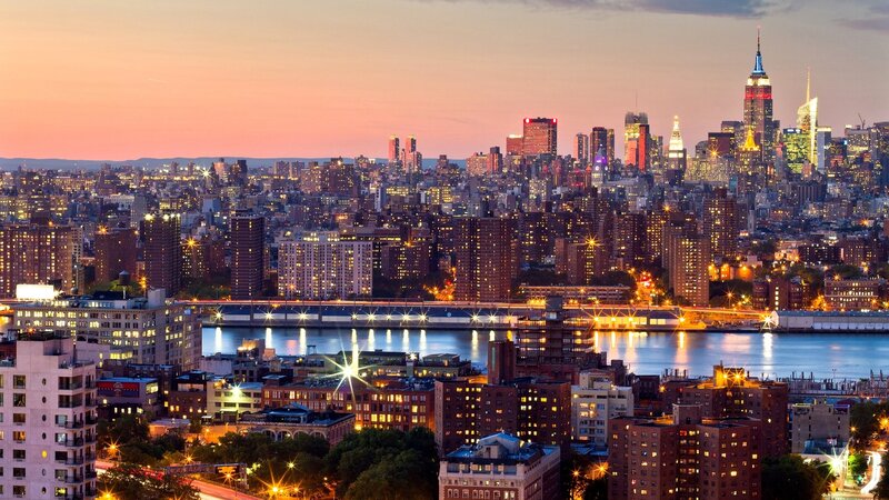 New York City Skyline — Orange, Dramatic, Sunset, Photograph, Skyscraper, River