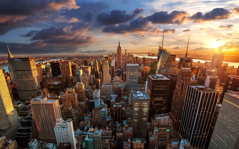 New York City Skyline — Orange, Dramatic, Sunset, Photograph, Skyscrapers, Clouds, River